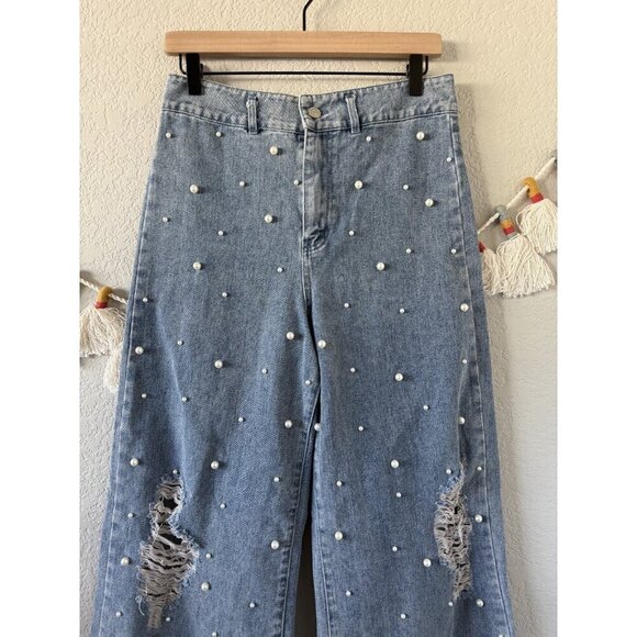 Talulah Pearl Distress Wide Leg Light Wash Jeans Boho Festival Baggy NWT L - Picture 3 of 8